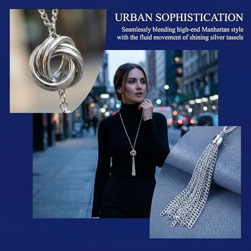 Long Silver Tone Tassel Necklace for Women Trendy Western Jewelry Knot Pendant Statement Snake Chain Lovely Charm for a Great Present
