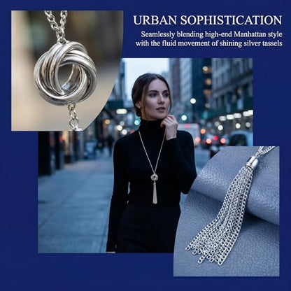 Long Silver Tone Tassel Necklace for Women Trendy Western Jewelry Knot Pendant Statement Snake Chain Lovely Charm for a Great Present