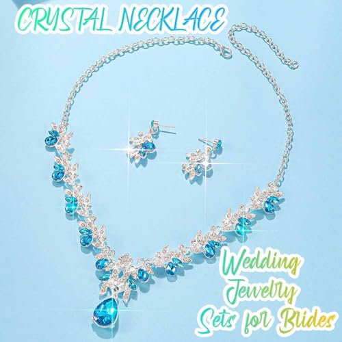 Rhinestone Bridal Wedding Jewelry Sets Gold Necklace Earrings Set Leaf Prom Formal Costume Jewelry Set for Women and Brides - color: Light Blue