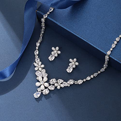 EleQueen Women's Simulated Pearl Wedding Jewelry Set for Brides | Cubic Zirconia Necklace Earrings Bracelet Set for Brides Bridesmaids, Bridal Jewelry Set for Anniversary/Memorial Day - style: Teardrop Floral Necklace Earrings