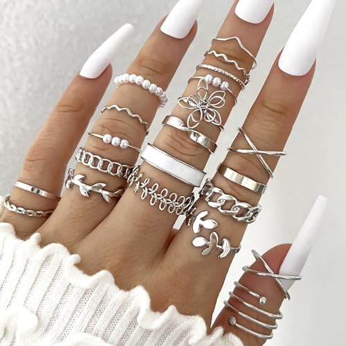 HUASAI Gold Stackable Rings Set for Women Boho Dainty Moon Star Pearl Leaf Cubic Zirconia Heart Midi Pinky Trendy Jewelry Birthday Gifts - color: M Silver Pearl 21 Pcs