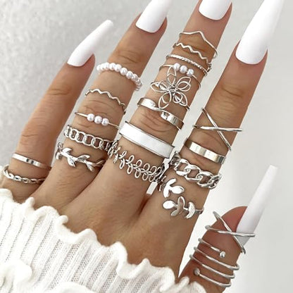 HUASAI Gold Stackable Rings Set for Women Boho Dainty Moon Star Pearl Leaf Cubic Zirconia Heart Midi Pinky Trendy Jewelry Birthday Gifts - color: M Silver Pearl 21 Pcs