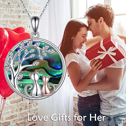 925 Sterling Silver Moon Black Cat Necklace for Women Cat Jewelry - style: D-2 Cat Tree of Life Abalone Necklace