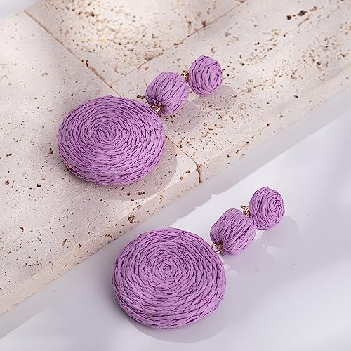 Statement Raffia Boho Round Dangle Ball Earrings - Cute Handmade Summer Bohemian Dangling Jewelry for Women - color: Purple