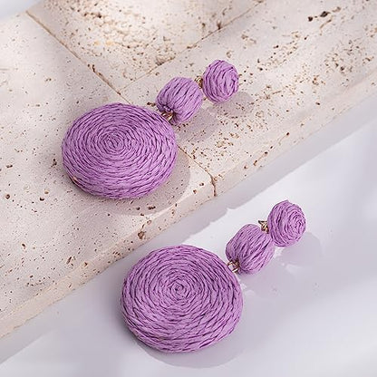 Statement Raffia Boho Round Dangle Ball Earrings - Cute Handmade Summer Bohemian Dangling Jewelry for Women - color: Purple