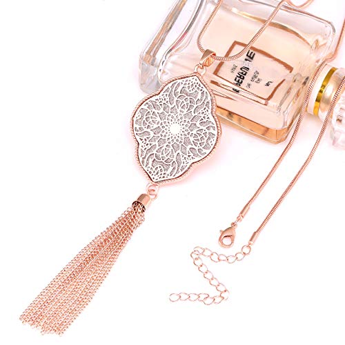 MOLOCH Long Necklaces For Woman Disk Circle Pendant Necklaces Tassel Fringe Necklace Set Statement Pendant - color: quatrefoil-shaped-rose gold