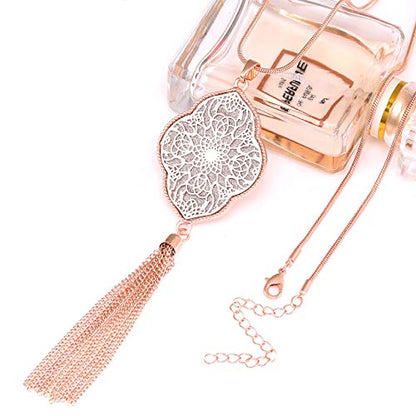 MOLOCH Long Necklaces For Woman Disk Circle Pendant Necklaces Tassel Fringe Necklace Set Statement Pendant - color: quatrefoil-shaped-rose gold