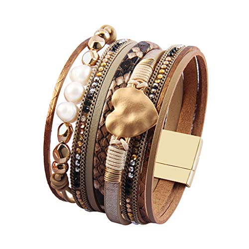 GelConnie Leather Wrap Bracelet Boho Cuff Bracelets Crystal Leather Bracelet Magnetic Multi Strand Bracelets Bohemian Bracelet Leather Wristbands Bangle Jewelry for Women Teen Wife Mother - color: Heart leather bracelet