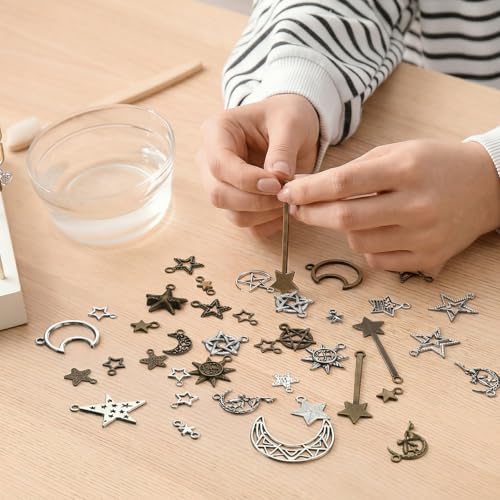 Hicarer 80 Pieces Antique Silver Pendants Gothic Charms Halloween Charms Pendants Jewelry Making Accessory for DIY Necklace Bracelet - style: Sun,Moon,Stars