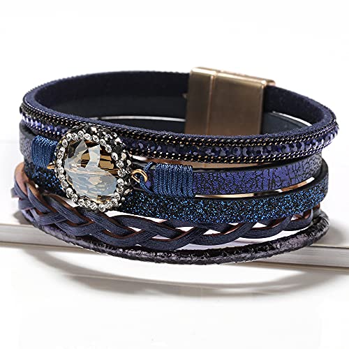 Fesciory Leather Wrap Bracelet for Women, Boho Western Layered Cuff Jewelry | Stackable Bracelets, Easy-On Clasp, Daily Wear, Pairs with Boho Western Outfits, Gift for Women - color: Blue5