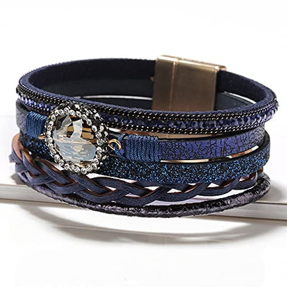 Fesciory Leather Wrap Bracelet for Women, Boho Western Layered Cuff Jewelry | Stackable Bracelets, Easy-On Clasp, Daily Wear, Pairs with Boho Western Outfits, Gift for Women - color: Blue5