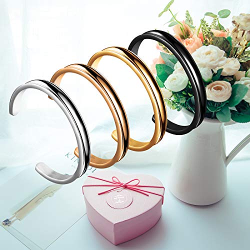Zuo Bao Stainless Steel Bracelet Grooved Cuff Bangle for Women - color: Silver+Rose Gold