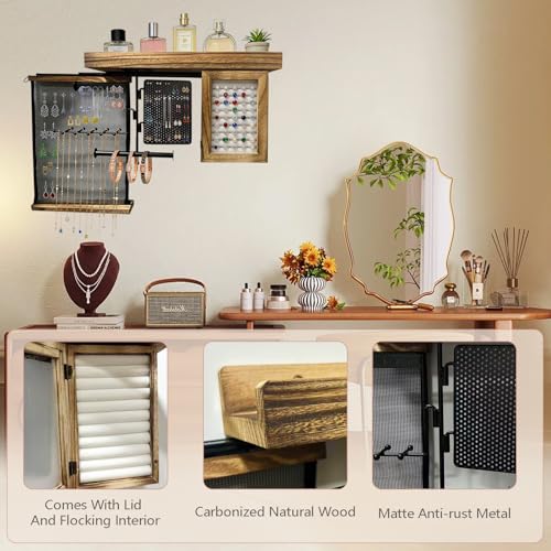 Jewelry Organizers and Storage, Wooden Wall Hanging Jewelry Holder | Retractable reinforced mesh, multi-grid classified storage, wooden top shelf, modern farmhouse boho decor for bedroom vanity