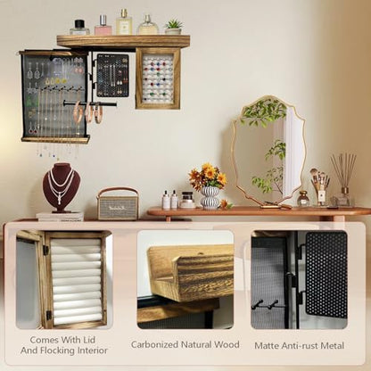 Jewelry Organizers and Storage, Wooden Wall Hanging Jewelry Holder | Retractable reinforced mesh, multi-grid classified storage, wooden top shelf, modern farmhouse boho decor for bedroom vanity