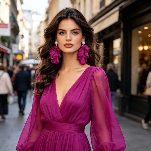 Handmade Bohemian Lightweight Fabric Flower Dangle Drop Earrings Chic Pearl Large Tassel Petal Stud Earrings For Women - color: Rose Red