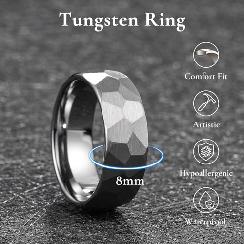 King Will Men's Tungsten Carbide Wedding Ring Hammered Groove Wedding Band Mens Two Tone Engagement Ring for Men and Women Matte Brushed Finish Comfort Fit - color: Silver 8mm