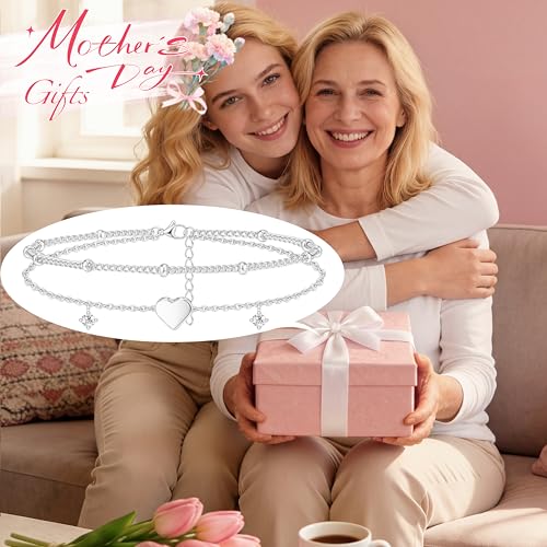 Gold/Sterling Silver Anklet Bracelets for Women Waterproof, Non Tarnish 925 Sterling Sliver Plated Heart Evileye Butterfly Charm, Dainty Summer Beach Anklets for Women, Beach Vacation Bikini Outfits for Her Mom - style: Heart-Silver