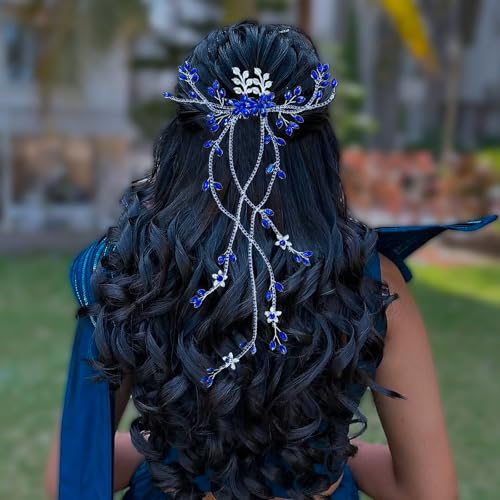 JHOO Rhinestone Hair Vine Comb, Bridal Wedding Hair Accessories,Silver Alloy Headpiece for Bridesmaids (Blue) - color: Blue