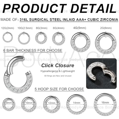 CZ Hinged Segment Clicker PA Rings, 2G 4G 6G 8G 10G 12G Large Septum Nose Rings, Surgical Steel Spring Action BCR Ring Ear Gauges Earrings Hoops - color: 12G(2mm),Hoops:10mm