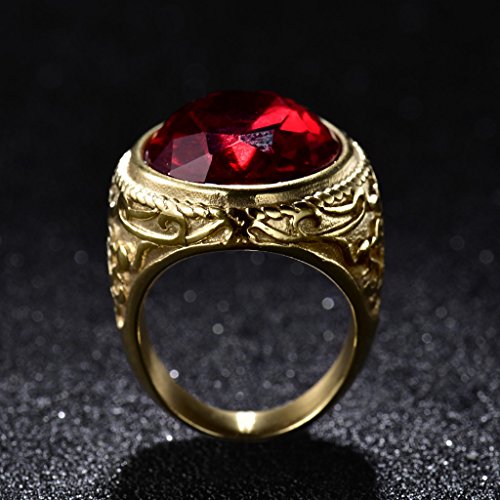 MASOP Big Crystal Cocktail Mens Rings Stainless Steel Jewelry Luxury Red Stone Fashion Party Ring