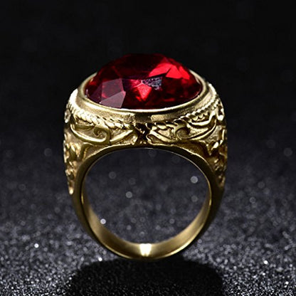 MASOP Big Crystal Cocktail Mens Rings Stainless Steel Jewelry Luxury Red Stone Fashion Party Ring
