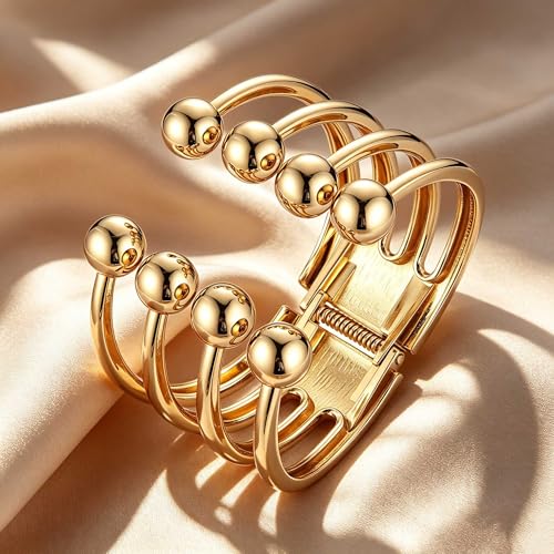 HZMAN Chunky Gold Cuff Bracelets for Women Thick Wide Bangle Bracelet Hammered Open Hinge Wrist Cuff Bracelet Jewelry Gift - color: 20.Beaded Cuff Bangle for Women