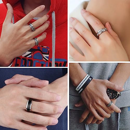 EIELO 9Pcs Stainless Steel Band Rings for Men Women Cool Fidget Spinning Chain Ring Anxiety Relief Fashion Simple Wedding Engagement Black Ring Set - color: Silvery
