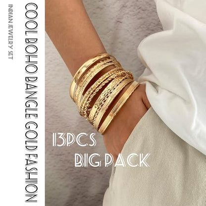 17IF Gold Bangle Bracelet For Women, 14k Multilayer Charm Textured Stackable Bracelets Boho Indian Chunky Cuff Fashion Jewelry Gift - style: 13 Pcs