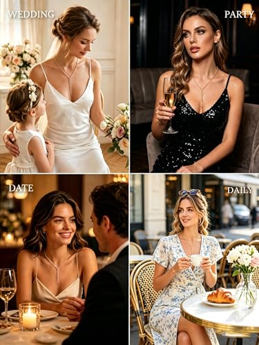 Rhinestone Necklace for Women, Y-Shaped Lariat Necklaces with Cubic Zirconia, Adjustable Drop Pendant, Gold Dainty Tennis Necklace for Prom, Weddings, and Parties, Elegant Jewelry Gift