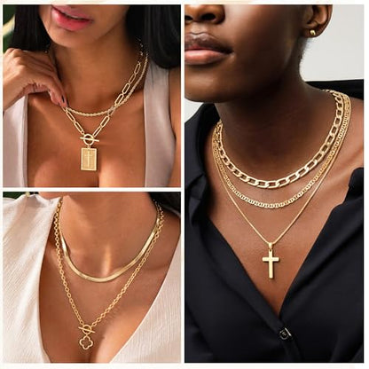 M MOOHAM Cross Necklace for Women Non Tarnish - 14K Gold Plated Dainty Clover Cross Layered Necklaces Stack Set Herringbone Figaro Paperclip Chain Necklace Trendy Religious Baptism Faith Jewelry Gifts - color: cross-rope chain