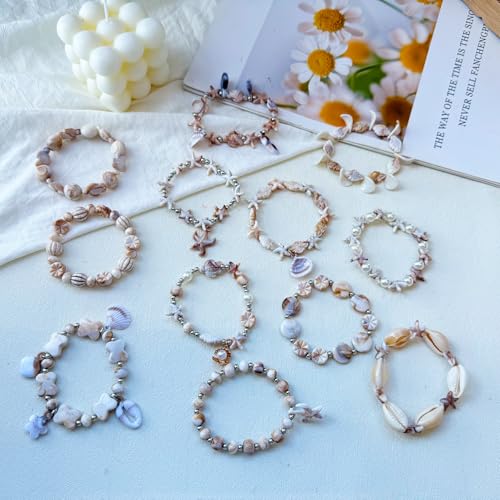 610Pcs Ocean Beads for Bracelets Making Kit, Shell Beads for Jewelry Making, Imitation Boho Shell Turtle Starfish Shape Sea Beach Bead Charms for Summer Sea Dangle Pendant Earring DIY Craft Necklace - color: Beige