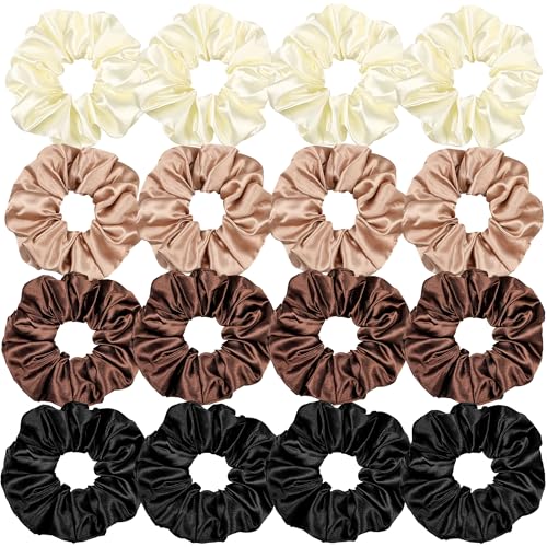 16 Pcs Satin Hair Ties and Holders for Women - Big Scrunchies for Thick, Curly Hair, Ponytail Holders, Cute Pony Tails, No Crease or Damage - color: Brown Serice