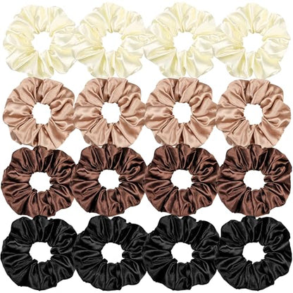 16 Pcs Satin Hair Ties and Holders for Women - Big Scrunchies for Thick, Curly Hair, Ponytail Holders, Cute Pony Tails, No Crease or Damage - color: Brown Serice