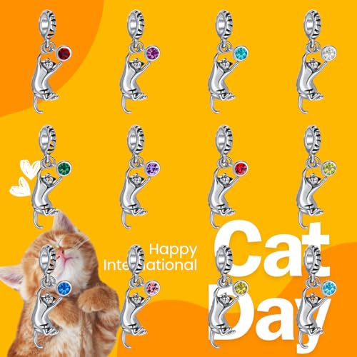 Ginger Cat Playing Tabby Dangle Charm Compatible with Pandora Charms Bracelets with CZ Birthstones for Cat Lovers Women Mother's Day - style: Jul Tabby Cat