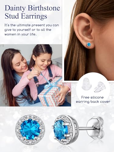 Suplight 925 Sterling Silver Birthstone Stud Earrings for Women, Round/Heart/Teardrop/Square Crystal Diamond Earrings for Women, Dainty Birthday Gifts Jewelry - color: style a-12. round-December(Created Blue Topaz)