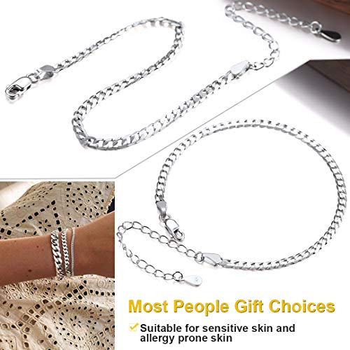 ChainsHouse Stainless Steel Herringbone Flat Chain Bracelets for Women,18K Gold/Rose Gold/Black Metal Paperclip/Snake/Cuban/Figaro Sterling Silver Link Charm Bracelet, 16+5cm Adjustable, With Gift Box - color: b. cuban-sterling silver