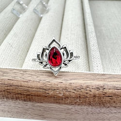 Lotus Ring for Women - Zircon Inlaid Flower Promise Ring - My Trauma Inspirational Statement Floral Jewelry Gift - color: red
