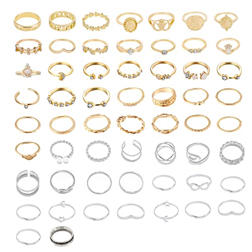 62-101Pcs Vintage Knuckle Rings Set Stackable Midi Rings for Women Bohemian Gold Silver Crystal Joint Finger Jewelry Pack (58Pcs)