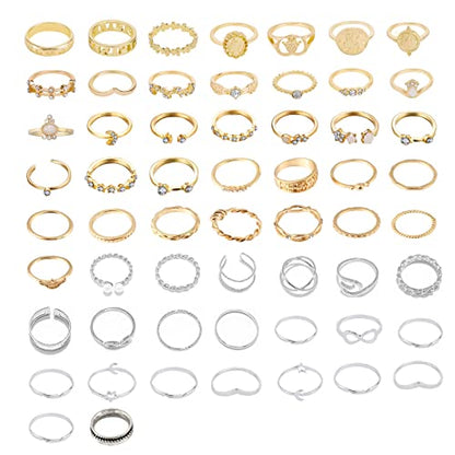 62-101Pcs Vintage Knuckle Rings Set Stackable Midi Rings for Women Bohemian Gold Silver Crystal Joint Finger Jewelry Pack (58Pcs)