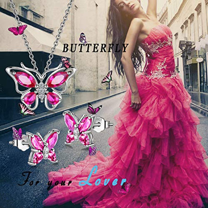 925 Sterling Silver Birthstone Butterfly Jewelry Women Crystal Animal Cute Butterflies Birthday Necklace/Earring/Ring/Bracelet Sets Birth Stone Statement Anniversary Jewellery - color: 1-G.July-Ruby