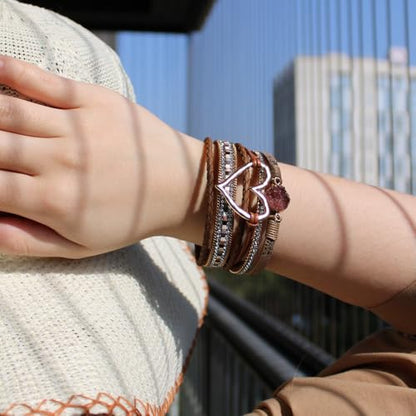 Womens Love Heart Leather Wrap Bracelet Multi-layer Stacked Bangle | Magnetic Clasp Soft PU Leather Resin Stone Rhinestone Boho Style Birthday Valentine Christmas Bohemian Jewelry Gift - color: Brown