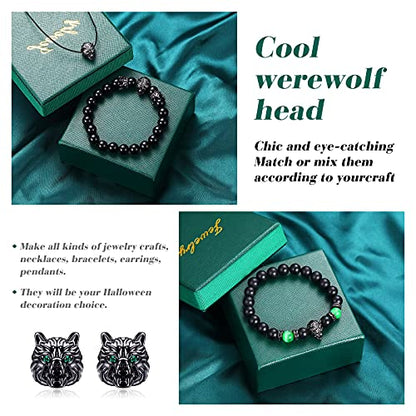 Hicarer 24 Pieces Wolf Head Charms Tibetan Animals Pendant Beads Hole Loose Bead Cubic Zirconia Spacer Connector Charm for Men Bracelet DIY Making Halloween (Black, Wolf Head)