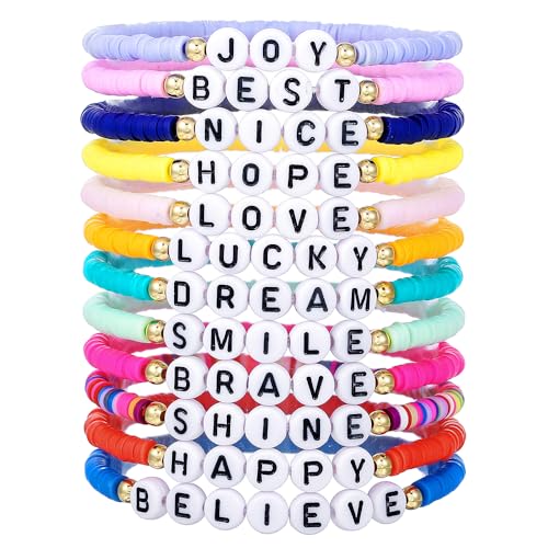 Heishi Surfer Clay Bead Bracelets Set for Women - Preppy Smile Evil Eye Beaded Stretch Bracelets Elastic Layering Friendship Bracelets- Stackable Boho Disc Summer Jewelry Set - color: 12PC-CLAY-black