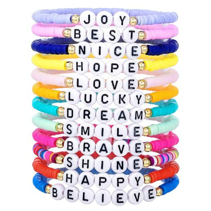 Heishi Surfer Clay Bead Bracelets Set for Women - Preppy Smile Evil Eye Beaded Stretch Bracelets Elastic Layering Friendship Bracelets- Stackable Boho Disc Summer Jewelry Set - color: 12PC-CLAY-black