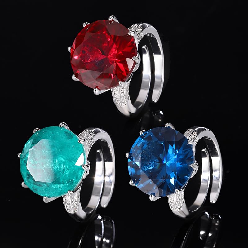 Large Round Gem 8-Prong Open Ring, 3 Colors Red Blue Aqua Green Triple Pave Silver Heavy Cocktail Ring for Women - color: red