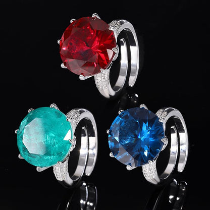 Large Round Gem 8-Prong Open Ring, 3 Colors Red Blue Aqua Green Triple Pave Silver Heavy Cocktail Ring for Women - color: red