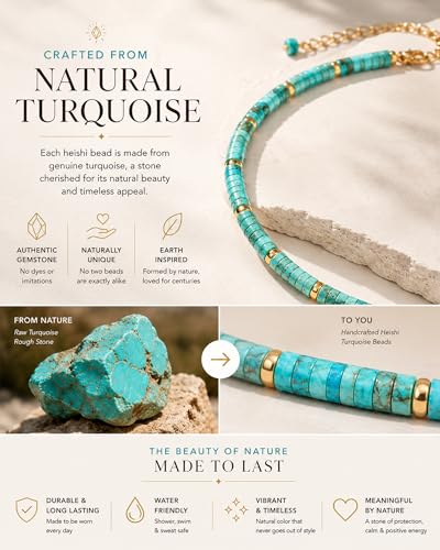 Natural Heishi Gemstone Choker Necklace for Women, Adjustable 15"+2" Beaded Layering Necklace, Coastal Beach Jewelry Gift for Her - color: Turquoise