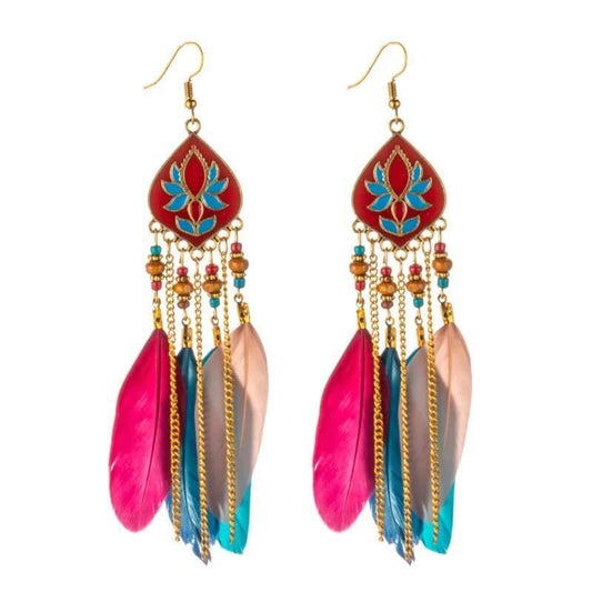 Long Tassel Feather Earrings for Women Handmade Vintage Bohemian Multicolor Tassel Feathers Dangle Drop Earrings Jewelry - color: colourful