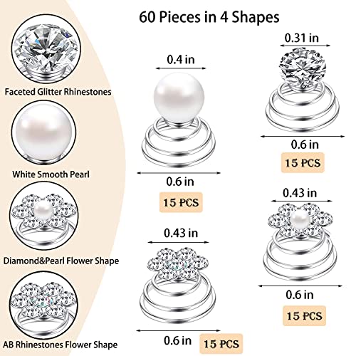60 PCS 4 Shapes Gems Rhinestone Twister Hair Studs Set Diamond Spiral Pearl Flower Jewels Hair Pins Sticks for Wedding, Bridal, Prom, Party and Special Occasion, Pearl - color: Pearl