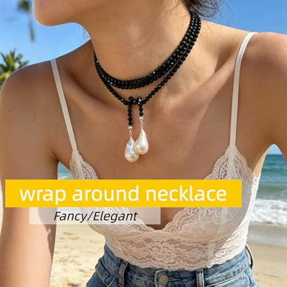 Crystal Beaded Lariat Necklace with Baroque Pearl Drops, Adjustable Y-Shaped Wrap Choker, Elegant Layered Chain Jewelry for Women Daily & Formal Wear - color: black